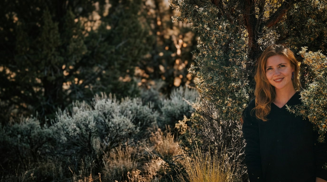 Leonie Staas standing among juniper and sage in the high desert
